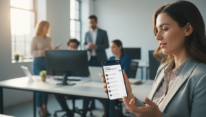 Profissional de vendas utilizando a ferramenta Treble AI em um smartphone para otimizar conversas no WhatsApp e aumentar vendas.