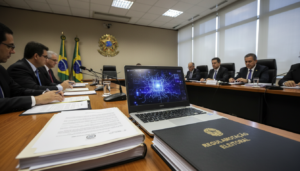 Sala de reunião do Tribunal Superior Eleitoral com foco em regulamentação de IA na propaganda eleitoral