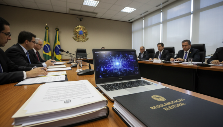 Sala de reunião do Tribunal Superior Eleitoral com foco em regulamentação de IA na propaganda eleitoral