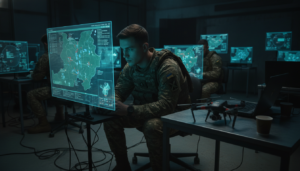 Soldados ucranianos analisam dados de inteligência artificial militar em sala de operações