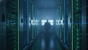 Servidores de computador em um data center iluminado, simbolizando a infraestrutura tecnológica por trás da interferência digital.
