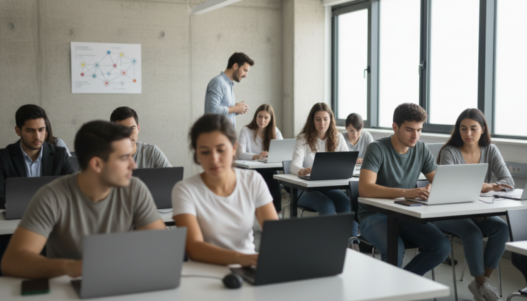 Estudantes utilizando laptops em um ambiente de aprendizado com foco em tecnologia