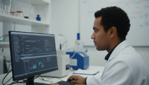 Pesquisador(a) da USP São Carlos trabalhando com inteligência artificial em laboratório