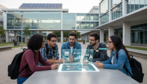 Estudantes e professores da Unesp discutindo o uso de inteligência artificial em um ambiente acadêmico moderno.