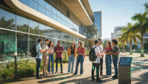 Estudantes e professores em campus universitário brasileiro discutindo tecnologia.
