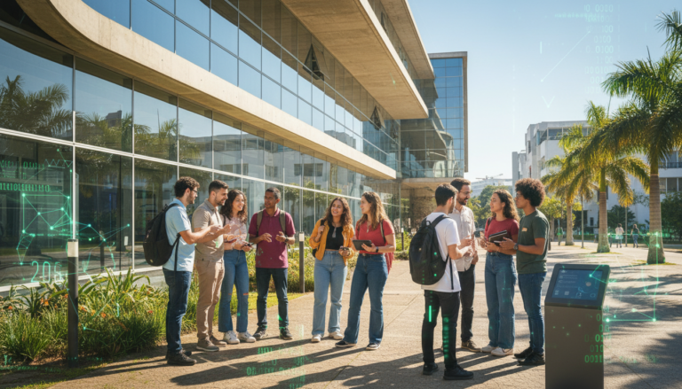 Estudantes e professores em campus universitário brasileiro discutindo tecnologia.