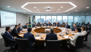 Especialistas debatendo o uso de dados, biobancos e inteligência artificial em reunião da WMA em São Paulo.