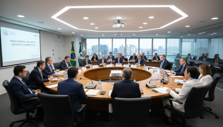 Especialistas debatendo o uso de dados, biobancos e inteligência artificial em reunião da WMA em São Paulo.