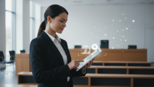 Magistrado utilizando tecnologia de inteligência artificial na sala de tribunal.