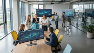 Profissionais europeus usando ferramentas de inteligência artificial em um ambiente de escritório moderno