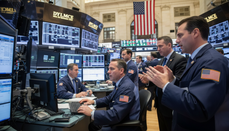 Traders trabalhando intensamente em um pregão de Wall Street com telas exibindo gráficos financeiros.