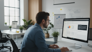 Profissional de marketing supervisionando painel do WordPress com recursos de IA
