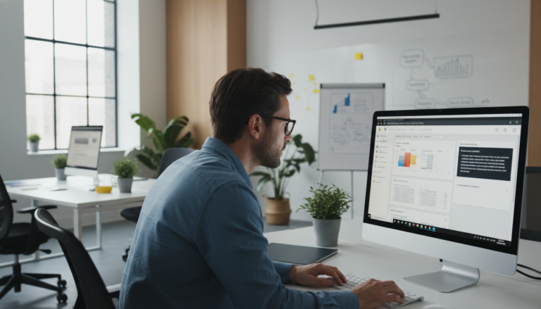 Profissional de marketing supervisionando painel do WordPress com recursos de IA