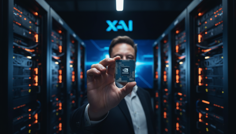 Sede da xAI com executivo segurando chip Nvidia