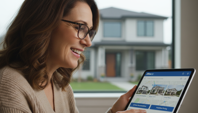 Pessoa usando a ferramenta Zillow AI em um tablet para buscar imóveis.