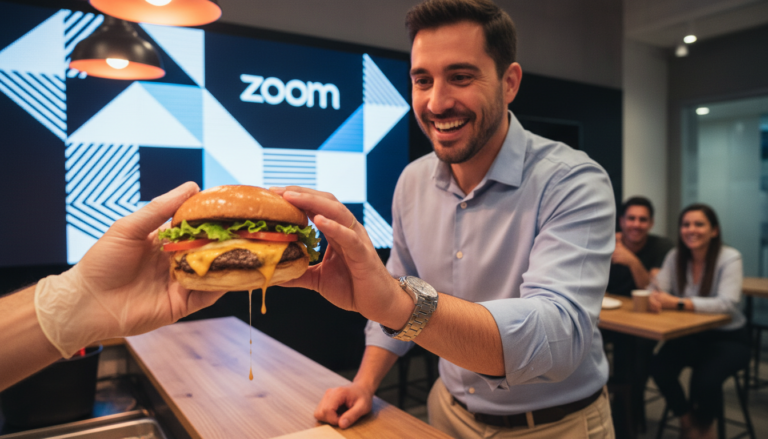 Profissional de escritório aproveitando uma pausa para o almoço com um hambúrguer, simbolizando a recuperação de tempo com ajuda de IA.